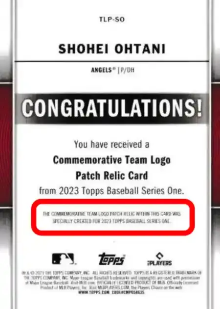 Shohei Ohtani - Team Logo Manufactured Patch Cards - 2023 Topps Series One Baseball #TLP-SO (Back)