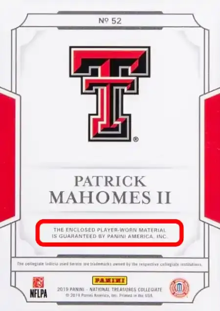 Patrick Mahomes II - Base Materials /99 - 2019 Panini National Treasures Collegiate Football #52 (Back)
