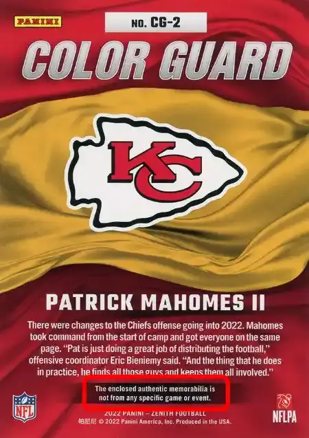 Patrick Mahomes II - Color Guard Patch - 2022 Panini Zenith Football #CG-2 (Back)